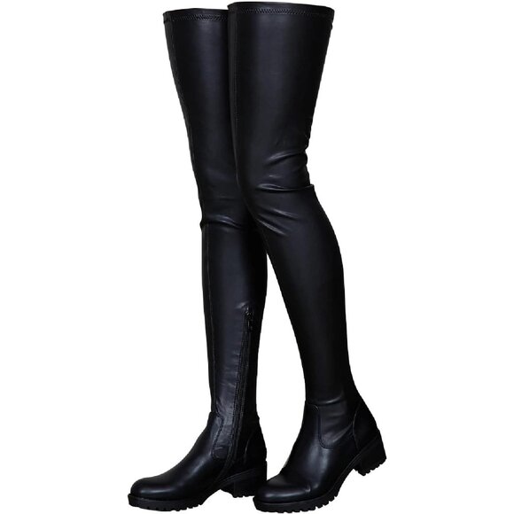 Women's Black Polyurethane Thigh High Over The Knee Rounded Toe Fashion Boots - Picture 1 of 6